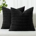 Detailed view of black corduroy throw pillow covers featuring decorative wheat ear texture - 18x18 Inch / Black