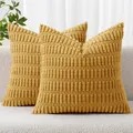 Detail view showing the soft wheat ear textured pattern of mustard yellow corduroy pillowcases - 18x18 Inch / Orange