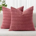Close-up macro view of dusty rose corduroy cushion covers with textured wheat ear stripes - 18x18 Inch / Rouge Red