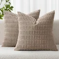 Detailed view of beige ribbed corduroy throw pillow covers featuring a wheat ear pattern. - 18x18 Inch / Camel