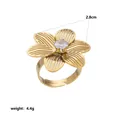 Detailed close-up view of a gold stainless steel flower ring featuring a zircon centerpiece - Radial Pattern Flower Rhinestone Style (Style 8)