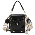 Elegante borsa nera con stampa coccodrillo e ampia tracolla in tessuto con lettere trendy - Nero
