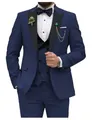 Elegant navy blue slim fit men's three-piece suit set with black lapel and bowtie - XXS / Top And Bottom / Three-Piece Set / Navy Blue
