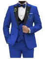 Close-up detail of a royal blue three-piece slim fit suit with elegant black peak lapels - XXS / Top And Bottom / Three-Piece Set / Sapphire Blue