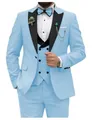 Premium light blue slim-fit 3-piece men's suit featuring black lapels and bowtie. - XXS / Top And Bottom / Three-Piece Set / Sky Blue