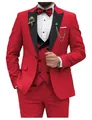 Detailed view of a stylish slim fit red three-piece suit with black lapels and matching bowtie. - XXS / Top And Bottom / Three-Piece Set / Red