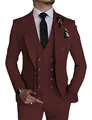 Slim fit burgundy three-piece men's suit with double-breasted vest for wedding parties. - Burgundy