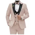 Modern slim fit three-piece men's suit in light pink with black lapels for weddings - XS / Set / Khaki