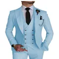 Detailed view of a stylish light blue three-piece men's suit featuring a double-breasted vest - Sky Blue