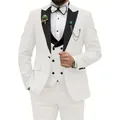 Elegant white men's three-piece slim fit tuxedo suit with black peak lapels. - XXS / Top And Bottom / Three-Piece Set / White