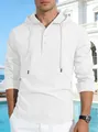 Men's casual white cotton linen hooded long sleeve shirt with henley neck button detail. - S / Tops / White
