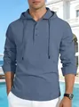 Close-up detail showing the breathable fabric texture of blue cotton linen hooded shirt - S / Tops / Navy Blue
