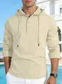 Front view of men's casual cotton linen hooded long sleeve shirt in light apricot color - Khaki