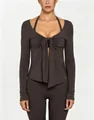 Professional front view of dark grey V-neck yoga top with stylish tie-front and long sleeves - S / Tops / Black