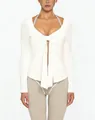 Close-up detail of a white V-neck yoga top featuring a front tie knot and long sleeves - S / Tops / Milk White