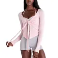 Detailed view of pink V-neck tie-front long sleeve yoga top with grey sports set - S / Tops / Pink