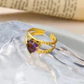 Verstellbarer Ring aus Edelstahl mit 18 Karat Vergoldung und lila herzförmigem Zirkonia. - Lila Herz Stil (CXR00803G) / Einstellbar Offen / Gold