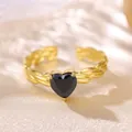 Verstellbarer 18 Karat vergoldeter Edelstahlring mit einem schwarzen herzförmigen Zirkon - Schwarzes Herz Stil (CXR00814G) / Einstellbar Offen / Gold