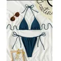 Dark teal solid color triangle bikini set with side-tie bottoms for women - S / Top And Bottom / Malachite green