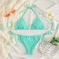 Maillot de bain deux pièces sexy vert menthe uni avec bikini triangle à licou pour été - Émeraude