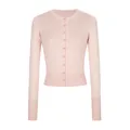 Vista dettagliata di un cardigan in maglia rosa slim-fit con chiusura a bottoni. - Pink (50% viscose, 20% nylon, 30% polyester) / Taglia S