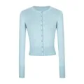 Vista frontale di un cardigan corto in maglia azzurro slim fit con bottoni tondi. - Blue (50% viscose 20% nylon 30% polyester) / Taglia S