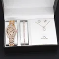 Detalle del conjunto de joyas de 5 piezas para mujer con reloj de cristales dorados. - Conjunto de Reloj Decoración una Piedra / Con caja de regalo negra / Rosa oro