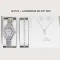 Elegante orologio da donna argento con set di gioielli in cristallo da 5 pezzi - Set Orologio Decorazione Pietra Singola / Senza Confezione Regalo / Argento