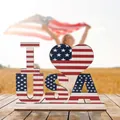 Wooden I Love USA Independence Day desk ornament with patriotic flag pattern detail - I Love USA Style (Style H)