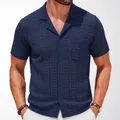 Men's navy blue short sleeve jacquard knit polo shirt with Cuban collar and pocket detail - M / Tops / Navy Blue