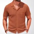 Men's brown jacquard knit polo shirt with Cuban collar and chest pocket - M / Tops / Brown