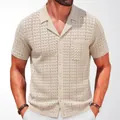 Men's stylish beige jacquard knit polo shirt with Cuban collar and chest pocket detail - M / Tops / Khaki