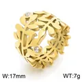 Bague vintage française 17mm large feuille d'olivier évidée avec cristaux or - Style de Feuille d'Olivier Creuse Dorée (KR82097-K)