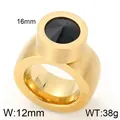 Bague élégante en acier inoxydable doré avec une grande pierre noire ronde facettée - Taille 6 / Ton Or Strass Noir