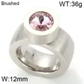 Bague moderne en acier inoxydable brossé avec une grande pierre précieuse rose ronde - Taille 6 / Ton Argent Strass Rose (KR29535-KC)