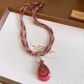 Collier bohème tressé vintage avec grand pendentif goutte en strass rouge - Style Pendentif Goutte d'Eau / Collier - Rouge Rose