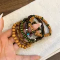 Bohemian multi-layer wooden bead bracelet set with ethnic Hamsa hand charm detail - Hamsa Decor (22#) / Brown-Green