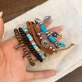 Bohemian multi-layer stacked bracelet set with wood beads, turquoise, and leaf charms - Flower Charm (5#) / Brown Silver Blue
