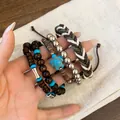Bohemian multi-layer beaded stacking bracelet set featuring turtle charm and braided cord - Turtle Charm (24#) / Brown-Silver-Blue