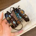Vintage Bohemian multi-layered leather beaded bracelet set with turquoise accents - Oval Style (17#) / Brown and Silver