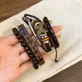 Bohemian vintage multilayer beaded bracelet set with leather and butterfly charm - Butterfly Charm (25#) / Brown