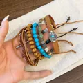 Bohemian multi-layer stackable bracelet set with turquoise beads and ethnic woven straps - Oval Decor (19#) / Blue-Brown