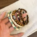 Bohemian multilayer beaded bracelet set with retro wood beads and turquoise accents - Oval Style (23#) / Coffee-Khaki
