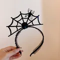 Detailed view of black Halloween spider web headband with elegant lace trim and spider ornament - Spider Web Headband / Black