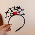 Halloween party headband with detailed spider web, red satin rose, and a tiny spider - Rose Spider Web Headband / Black With Red Decoration