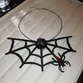 Detail view of black felt spider web necklace with a red gem spider for Halloween. - Spider Web Rhinestone Necklace