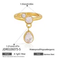 Gold-plated stainless steel ring featuring teardrop zirconia charm specification view - Water Drop Pendant Pinky Ring Style (JDR0106075-5) / Gold