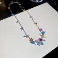 Silver necklace with vibrant zircon flowers and colorful beads for a summer look. - Necklace / Silver - Rainbow