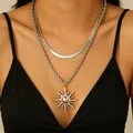 Mehrlagige silberne Kette mit Sonnenanhänger und Schlangensteg-Halskette für Damen - Doppellagige Sonnenflammen-Anhänger-Halskette (2345) / Silber