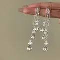 Detailopname van elegante zilveren kwastjesoorbellen met heldere kristallen druppels - Witte Kwast / Zilver